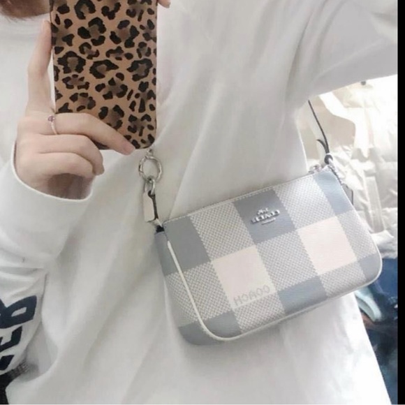 Coach Nolita 19 bag purse in buffalo plaid chalk / gray with pink cherry charm - Picture 5 of 10